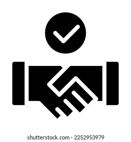 Isolated handshake with check mark in solid glyph icon on white background. Deal, congrats, approve, greeting, partnership, teamwork
