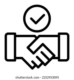Isolated handshake with checkmark in outline icon on white background. Deal, congrats, approve, greeting, partnership, teamwork