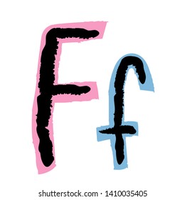 Isolated handwritten symbol with a black marker-pen highlighted by a color marker. Colorful handmade uppercase and lowercase letter F. Vector illustration.