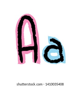 Isolated handwritten symbol with a black marker-pen highlighted by a color marker. Colorful handmade uppercase and lowercase letter A. Vector illustration.