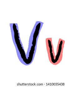 Isolated handwritten symbol with a black marker-pen highlighted by a color marker. Colorful handmade uppercase and lowercase letter V. Vector illustration.