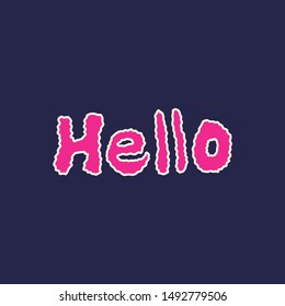 Isolated handwritten word HeLLO on dark background. Hand-drawn wavy pink lettering message with a white outline. Horizontal simple design template for a postcard, banner, logo or social media cover