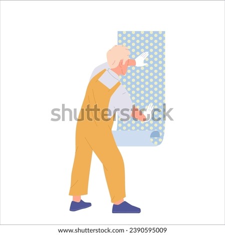 Isolated handyman cartoon character applying wallpaper engaged in remodeling of home apartment