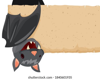 Isolated hanging bat with big smile and fangs, holding an ancient scroll with its wing.