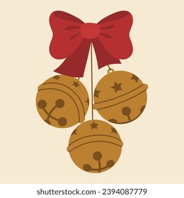 Isolated hanging Christmas jingle bells with red bow in flat retro cartoon style.