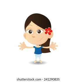 an isolated happy asian girl with a flower on a white background