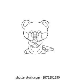Isolated happy bear cartoon eating a pizza. Vector illustration