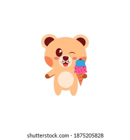Isolated happy bear cartoon eating an ice cream. Vector illustration