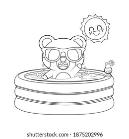 Dibujo de un oso feliz aislado en una piscina inflable. Ilustración del vector