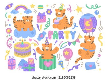 Isolated Happy Birthday set of cute little tigers,balloons,presents etc. Flat baby and children icons, stickers,greeting card,birthday invitation. Сool animal decorative elements. Vector illustration