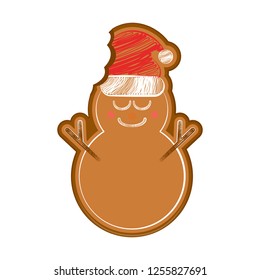 Isolated happy bitten snowman gingerbread with a christmas hat. Vector illustration design