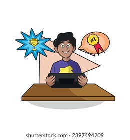 Personaje chico feliz aislado jugando en una laptop Ilustración vectorial