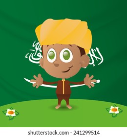 an isolated happy boy with the flag of saudi arabia on the background