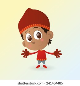 an isolated happy boy with winter clothes