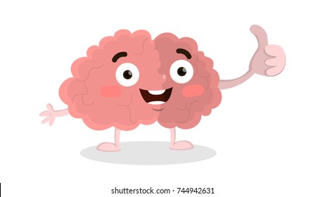 Isolated happy brain with thumb up on white background.