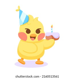 Isolated happy chick cartoon character with a birthday cake Vector illustration