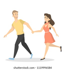 Isolated happy couple running on white background.