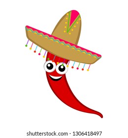 Isolated happy cute red pepper with a traditional mexican hat. Vector illustration design