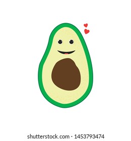 Isolated happy cute smile avocado character. Cartoon green fruit. Avocado concept vector Illustration. Emoji. Smiling Face With Heart