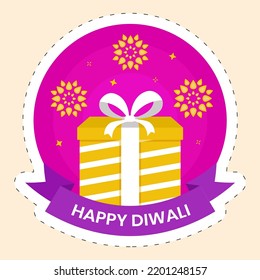 Isolated Happy Diwali Sticker Of Gift Box Against Mandala Pink And Yellow Background.