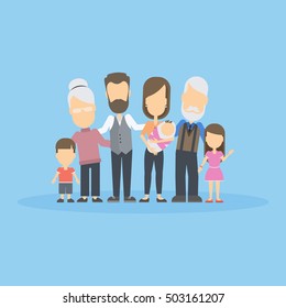 Isolated happy family on blue background. All members of the family like parents, grandparents and children.