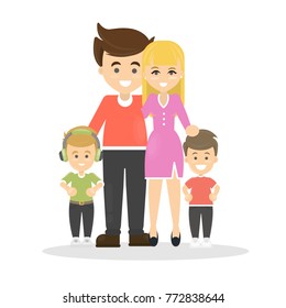 Isolated happy family with parents and children on white background.