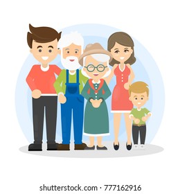 Isolated happy family with parents, grandparents and children on white background.