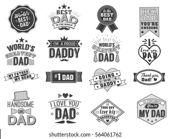 Isolated Happy fathers day quotes on the white background. Dad congratulation label, badge vector collection. Mustache, hat, stars elements for your design