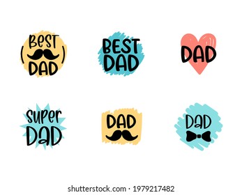 Isolated Happy fathers day set with quotes on bright backgrounds. Best dad. Congratulation label, badge vector.
