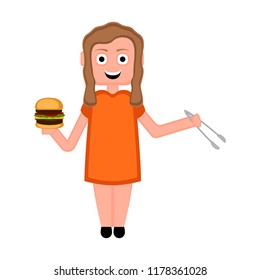 Isolated happy girl with a burger