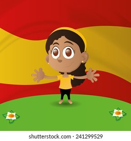 an isolated happy girl with the flag of spain on the background