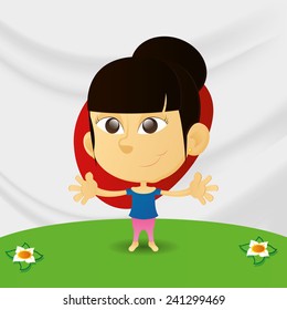 an isolated happy girl with the japanese flag on the background