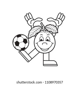isolated happy guava vector cartoon or mascot playing with football in black and white