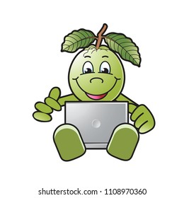 isolated happy guava vector cartoon or mascot working with laptop