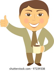 isolated happy man with coffee cup and showing thumb up