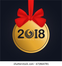 Isolated Happy New Year 2018 round banner, Greeting card template, red ribbon and bow