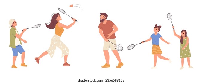 Gente feliz aislada de diferentes edades, familia, niños y adultos jugando bádminton divirtiéndose