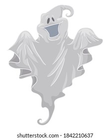 Isolated happy and playful ghost, floating with a white fabric in cartoon style.