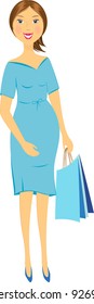 isolated happy pregnant woman in blue dress holds packet in hand