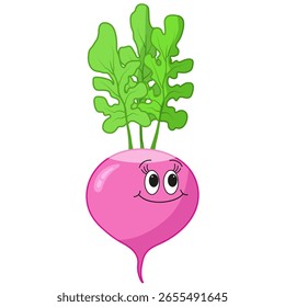 Isolated happy radish character on white background. Cartoon vector illustration of vegetable for children's book, comic, print.