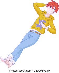 Isolated happy red hair boy toddler lying