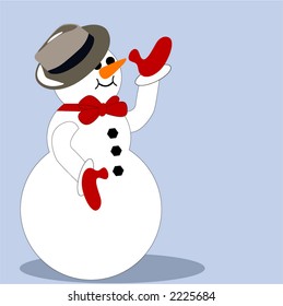 isolated happy snowman with fedora hat and mittens waving