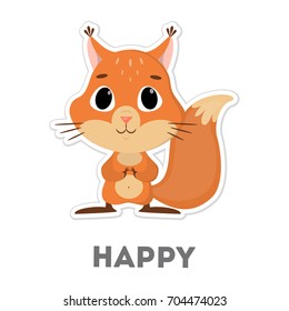 Isolated happy squirrel on white background. Funny cartoon character.