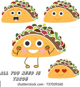 Isolated happy tacos. Emotional tacos for your good mood. Vector illustration in eps 10.