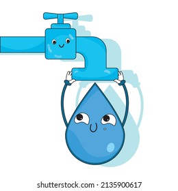 Isolated happy water drop cartoon hanging from a tap Vector