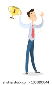 Isolated happy winner. Businessman with golden trophy.