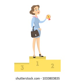 Isolated happy winner. Businesswoman on pedestal with medal.