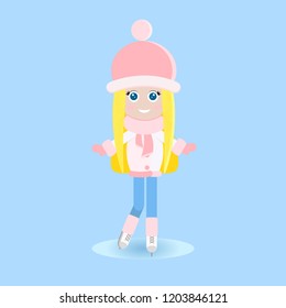 Isolated happy young blonde girl in warm clothes iice skating on the rink in flat style. Vector winter sport background illustration.