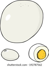 Isolated hard boiled egg with peeled version on white