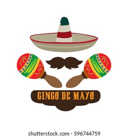 Isolated hat, mustache and a pair of maracas, Cinco de mayo vector illustration